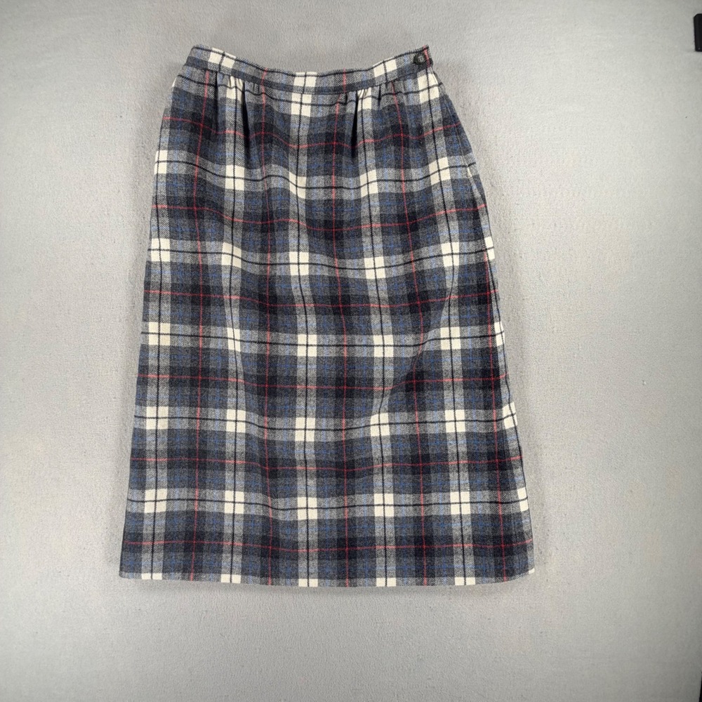 Pendleton Vintage Plaid Wool Skirt Womens 10 Grey Blue Red Straight Pencil Midi